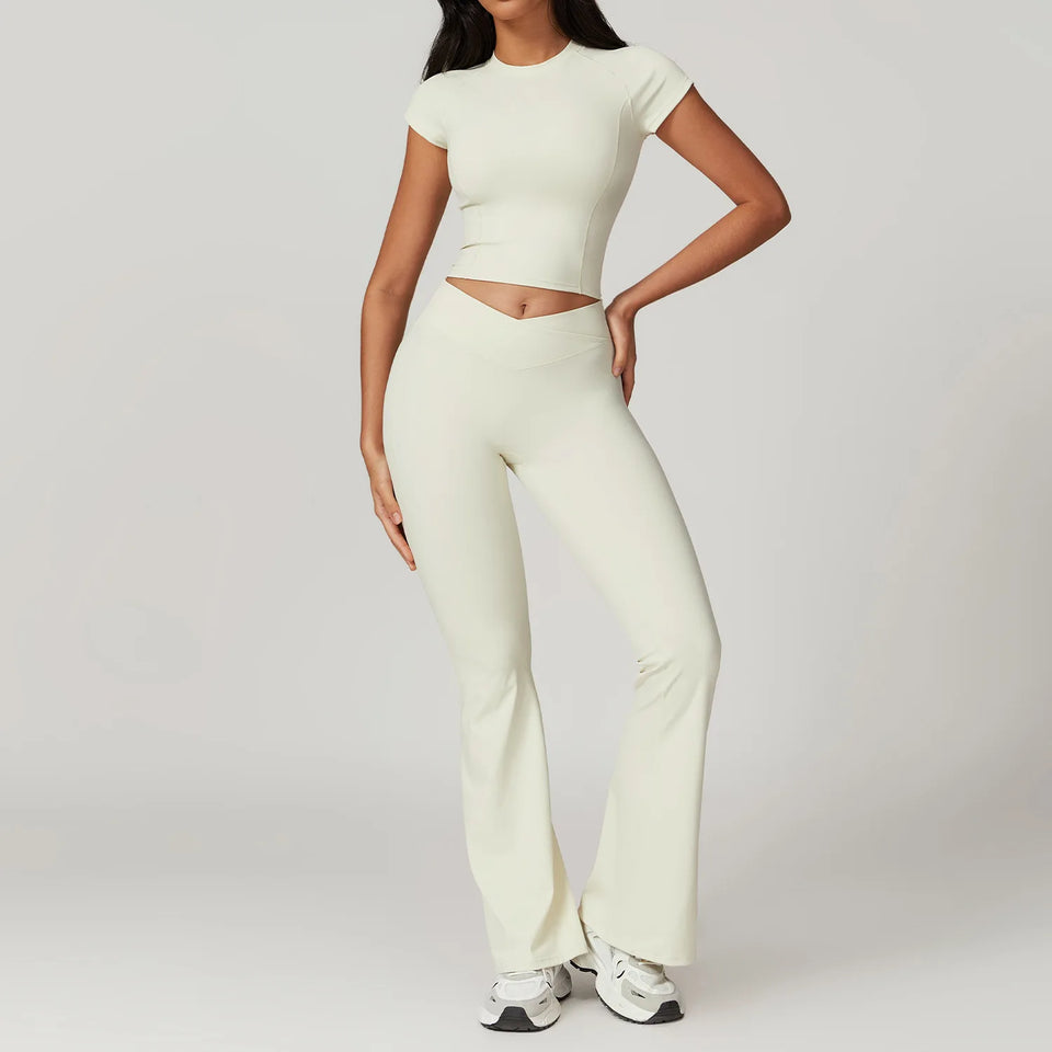 Women Sportswear Yoga Set 2PCS Sport Suit Gym Workout Clothes Short Sleeve Gym Crop Top High Waist Leggings Fitness Sports Wear