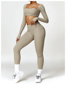 2PCS Long Sleeve Gym Set Women Yoga Clothes Quick-Drying Sportswear Running Leggings Workout Sports Crop Top Women