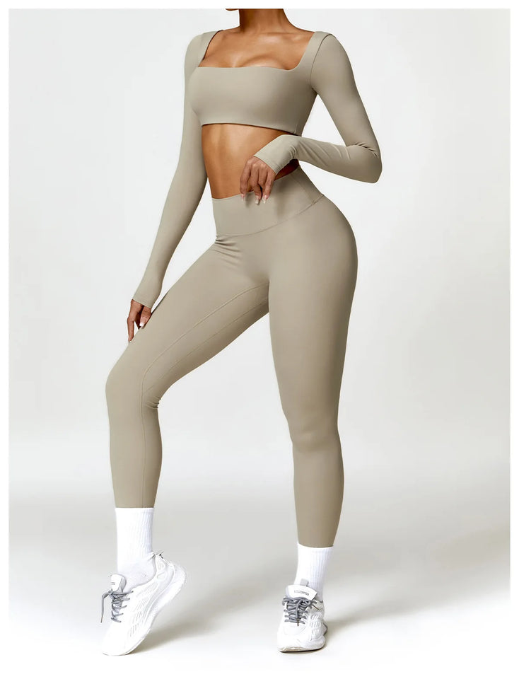 2PCS Long Sleeve Gym Set Women Yoga Clothes Quick-Drying Sportswear Running Leggings Workout Sports Crop Top Women