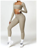 2PCS Long Sleeve Gym Set Women Yoga Clothes Quick-Drying Sportswear Running Leggings Workout Sports Crop Top Women