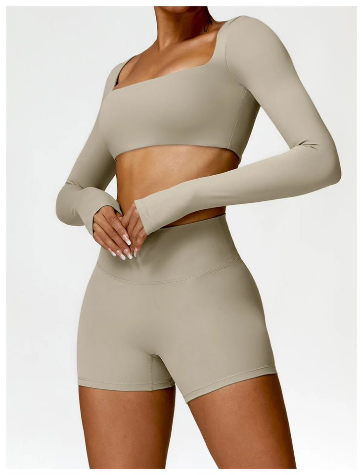 2PCS Long Sleeve Gym Set Women Yoga Clothes Quick-Drying Sportswear Running Leggings Workout Sports Crop Top Women