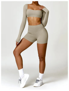 2PCS Long Sleeve Gym Set Women Yoga Clothes Quick-Drying Sportswear Running Leggings Workout Sports Crop Top Women