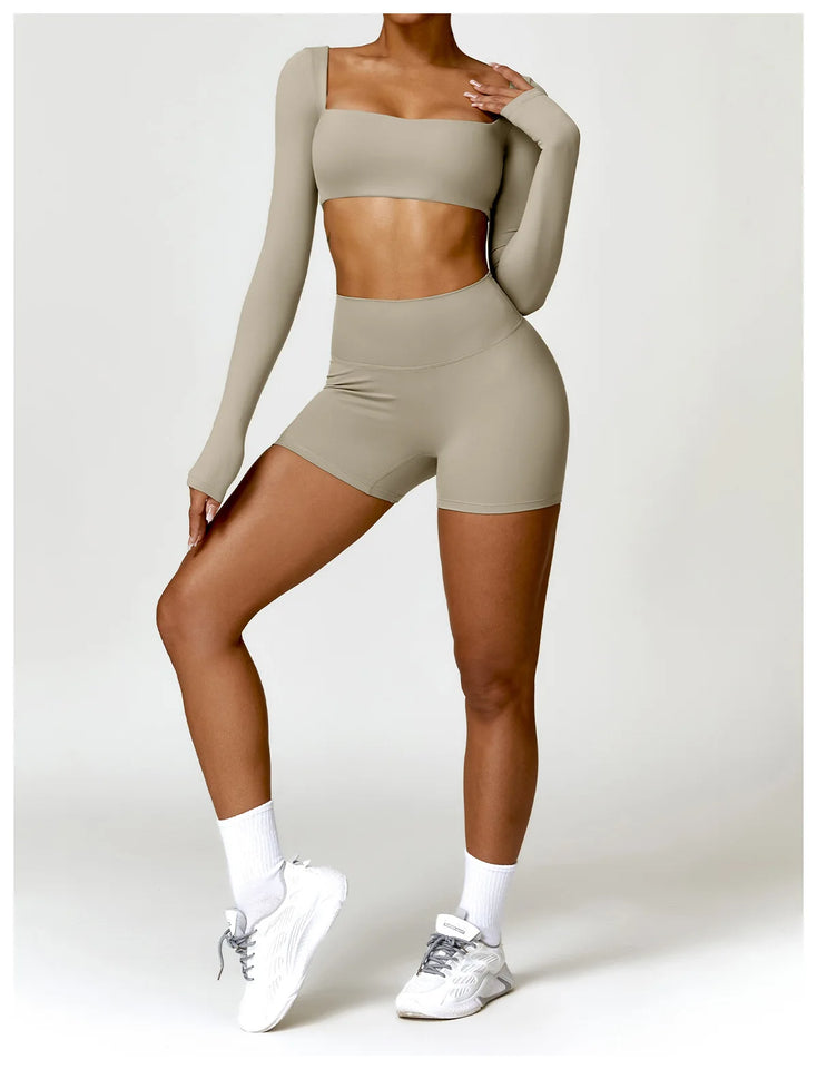 2PCS Long Sleeve Gym Set Women Yoga Clothes Quick-Drying Sportswear Running Leggings Workout Sports Crop Top Women
