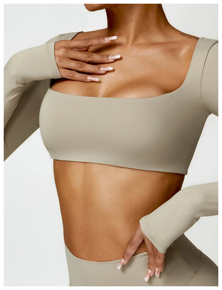2PCS Long Sleeve Gym Set Women Yoga Clothes Quick-Drying Sportswear Running Leggings Workout Sports Crop Top Women