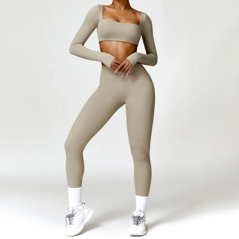 2PCS Long Sleeve Gym Set Women Yoga Clothes Quick-Drying Sportswear Running Leggings Workout Sports Crop Top Women