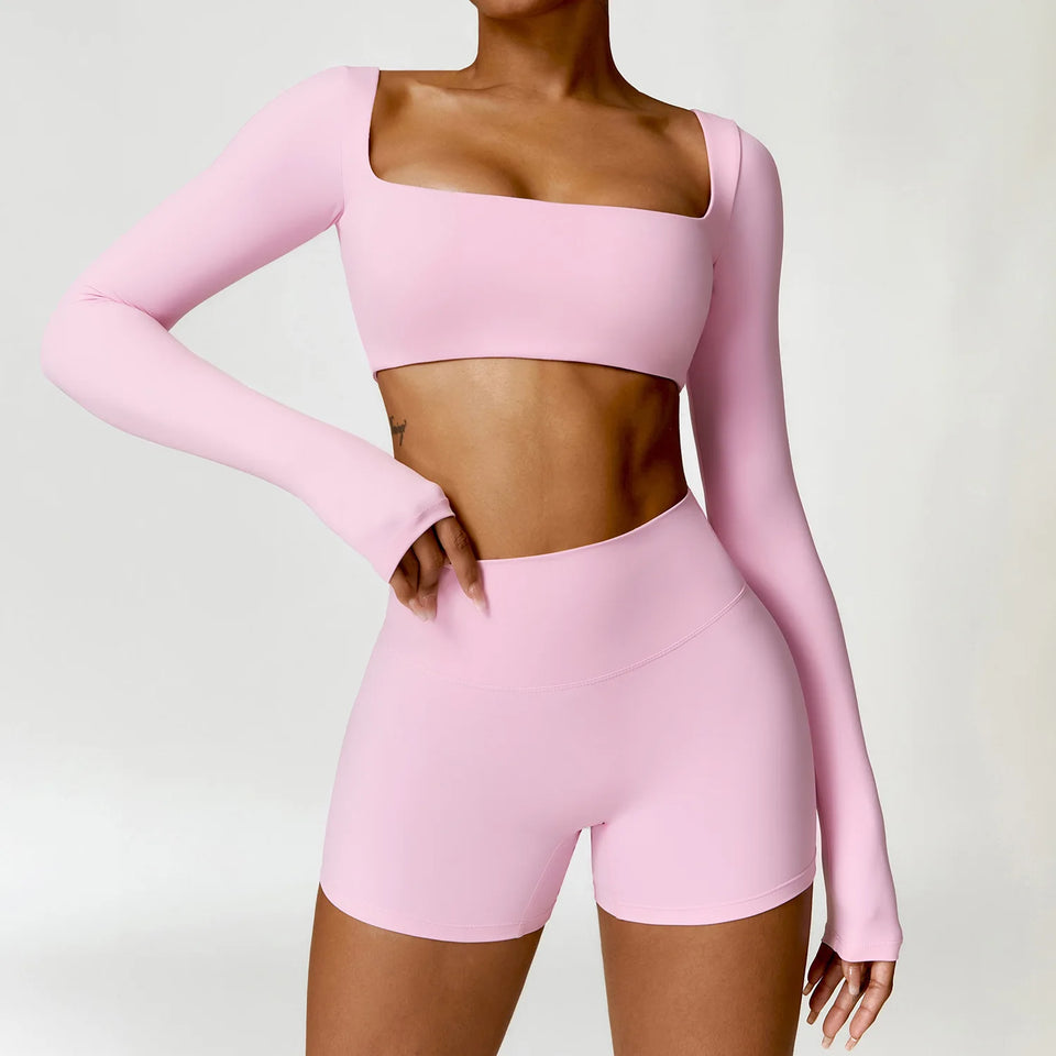 2PCS Long Sleeve Gym Set Women Yoga Clothes Quick-Drying Sportswear Running Leggings Workout Sports Crop Top Women