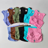 Women’s Seamless Backless Cross-Strap Yoga Set – Breathable Quick-Dry Sports Vest & High-Waist Pleated Hip-Lifting Shorts