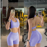 Women’s Seamless Halter Neck Yoga Set – 2-Piece Sports Bra & Shorts Outfit | Beauty Back Fitness Crop Top & Stretch Workout Shorts for Running, Gym & Yoga
