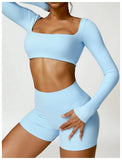 2PCS Long Sleeve Gym Set Women Yoga Clothes Quick-Drying Sportswear Running Leggings Workout Sports Crop Top Women