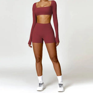 2PCS Long Sleeve Gym Set Women Yoga Clothes Quick-Drying Sportswear Running Leggings Workout Sports Crop Top Women
