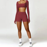 2PCS Long Sleeve Gym Set Women Yoga Clothes Quick-Drying Sportswear Running Leggings Workout Sports Crop Top Women