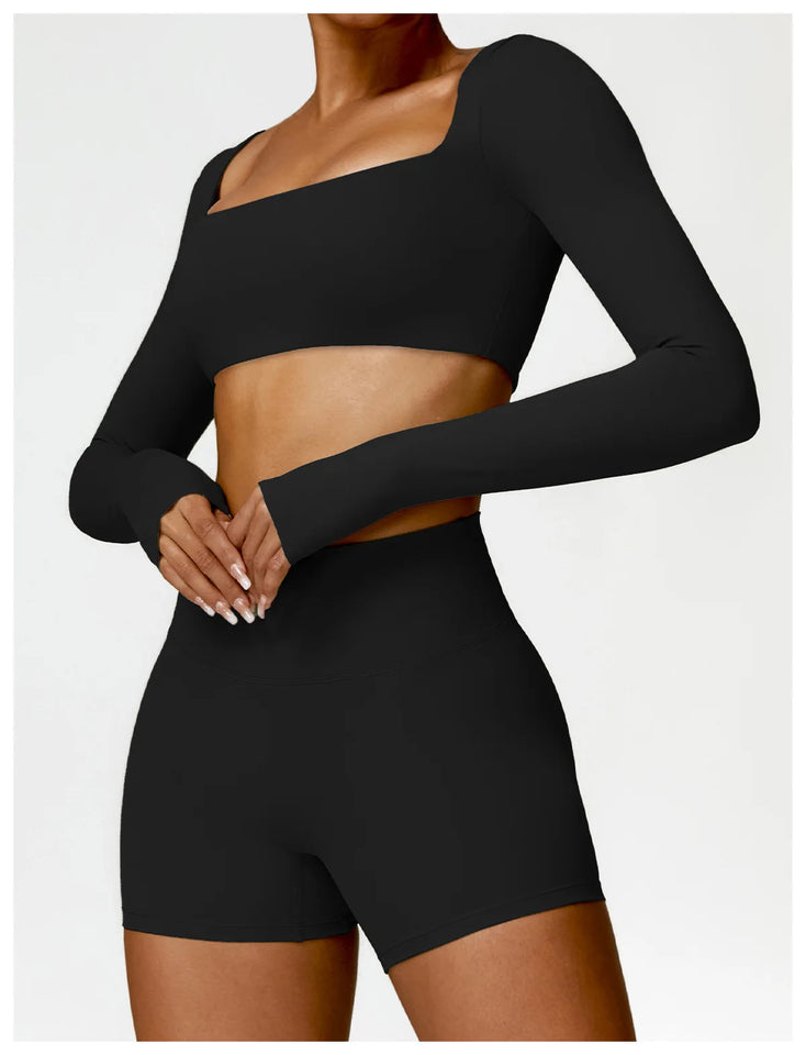 2PCS Long Sleeve Gym Set Women Yoga Clothes Quick-Drying Sportswear Running Leggings Workout Sports Crop Top Women