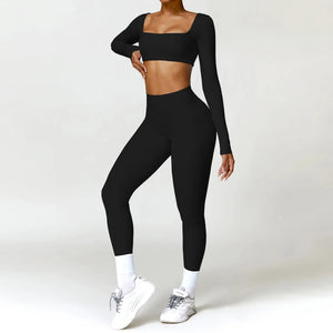 2PCS Long Sleeve Gym Set Women Yoga Clothes Quick-Drying Sportswear Running Leggings Workout Sports Crop Top Women