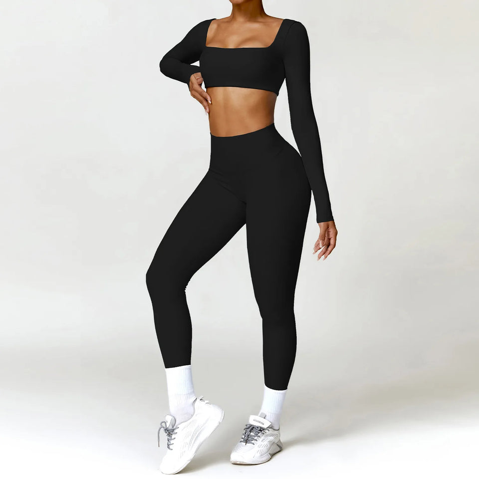 2PCS Long Sleeve Gym Set Women Yoga Clothes Quick-Drying Sportswear Running Leggings Workout Sports Crop Top Women