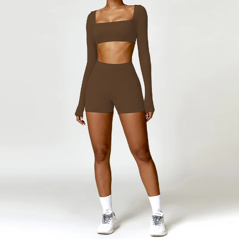 2PCS Long Sleeve Gym Set Women Yoga Clothes Quick-Drying Sportswear Running Leggings Workout Sports Crop Top Women