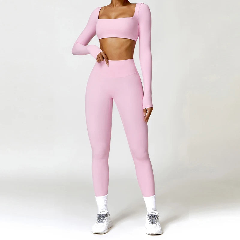 2PCS Long Sleeve Gym Set Women Yoga Clothes Quick-Drying Sportswear Running Leggings Workout Sports Crop Top Women