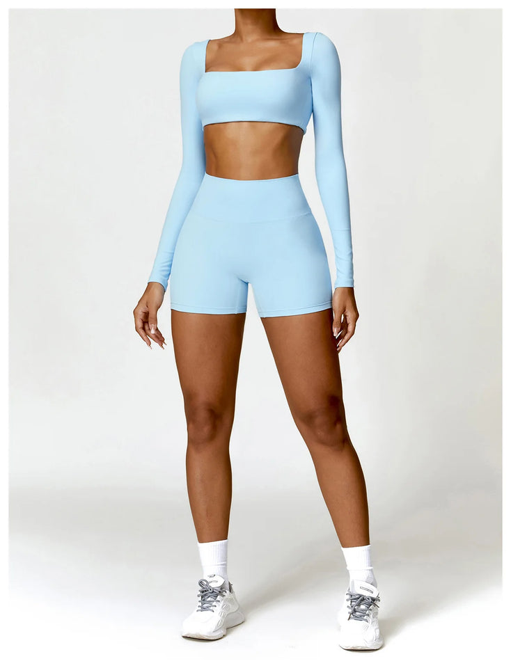 2PCS Long Sleeve Gym Set Women Yoga Clothes Quick-Drying Sportswear Running Leggings Workout Sports Crop Top Women
