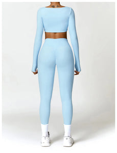 2PCS Long Sleeve Gym Set Women Yoga Clothes Quick-Drying Sportswear Running Leggings Workout Sports Crop Top Women