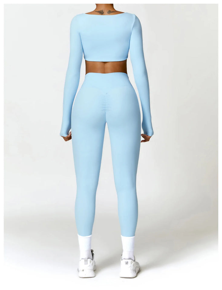 2PCS Long Sleeve Gym Set Women Yoga Clothes Quick-Drying Sportswear Running Leggings Workout Sports Crop Top Women