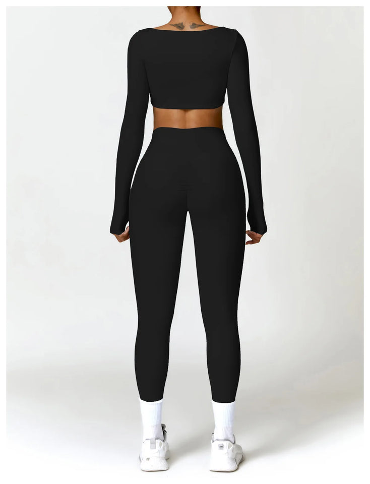 2PCS Long Sleeve Gym Set Women Yoga Clothes Quick-Drying Sportswear Running Leggings Workout Sports Crop Top Women