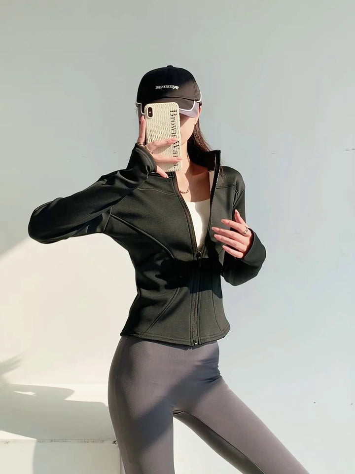 Slim fit long sleeves jacket full-zipper fleece warm winter thick coat outer wear women gym fitness yoga tops