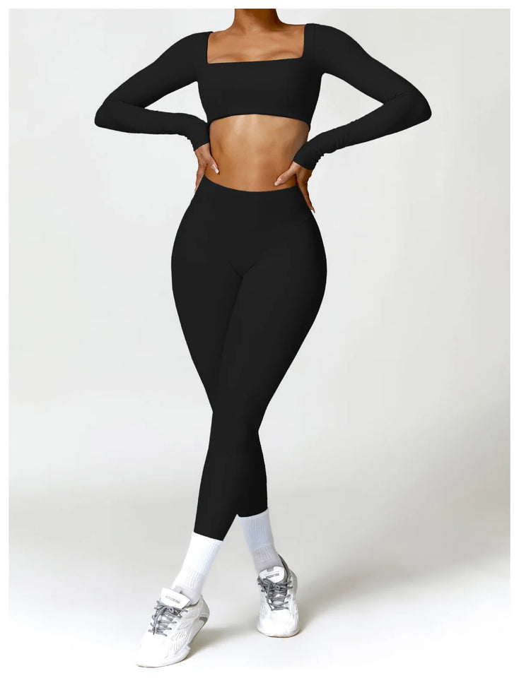 2PCS Long Sleeve Gym Set Women Yoga Clothes Quick-Drying Sportswear Running Leggings Workout Sports Crop Top Women