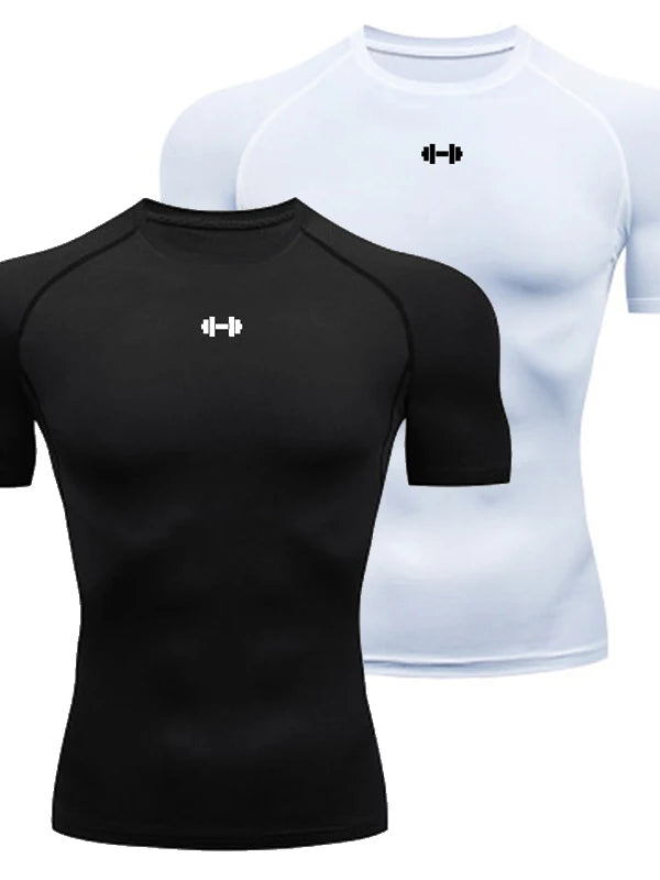Black and white athletic shirts with a dumbbell symbol on a white background