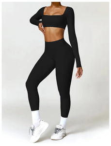 2PCS Long Sleeve Gym Set Women Yoga Clothes Quick-Drying Sportswear Running Leggings Workout Sports Crop Top Women
