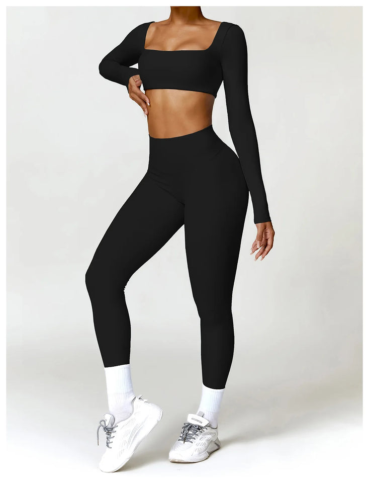2PCS Long Sleeve Gym Set Women Yoga Clothes Quick-Drying Sportswear Running Leggings Workout Sports Crop Top Women