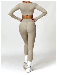 2PCS Long Sleeve Gym Set Women Yoga Clothes Quick-Drying Sportswear Running Leggings Workout Sports Crop Top Women