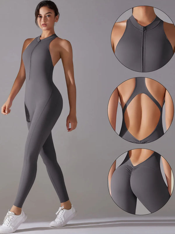 Woman wearing a gray jumpsuit with color swatches on a gray background