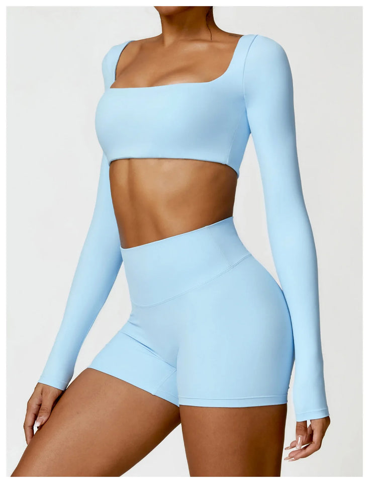 2PCS Long Sleeve Gym Set Women Yoga Clothes Quick-Drying Sportswear Running Leggings Workout Sports Crop Top Women